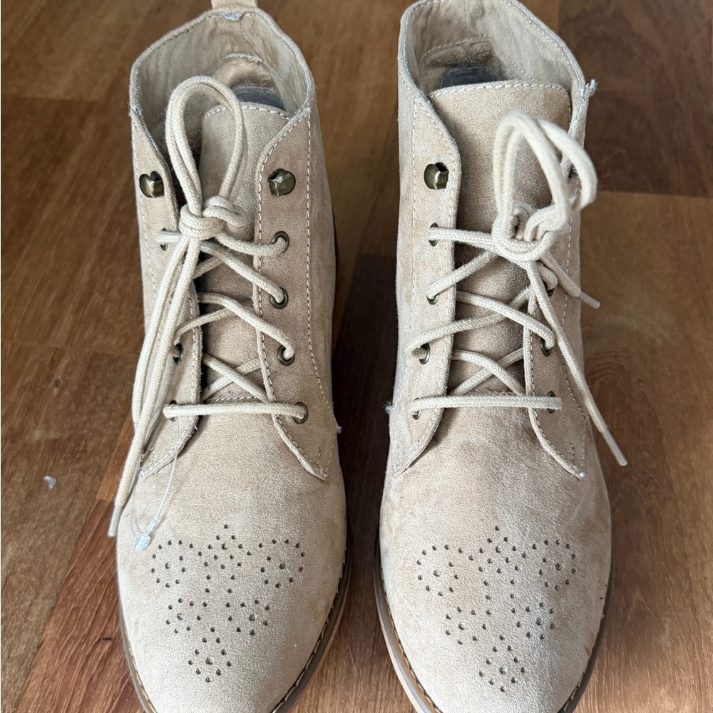 Women's Beige Suede Lace-Up Ankle Boots - Picture 2 of 7